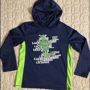 Lacrosse blue hoodie with neon green stripes down inside of arm. Size boy large